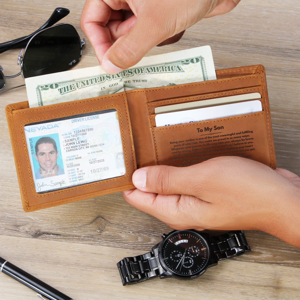 To My Son - Being Your Mother - Engraved Premium Bi-fold Leather Wallet - SS625