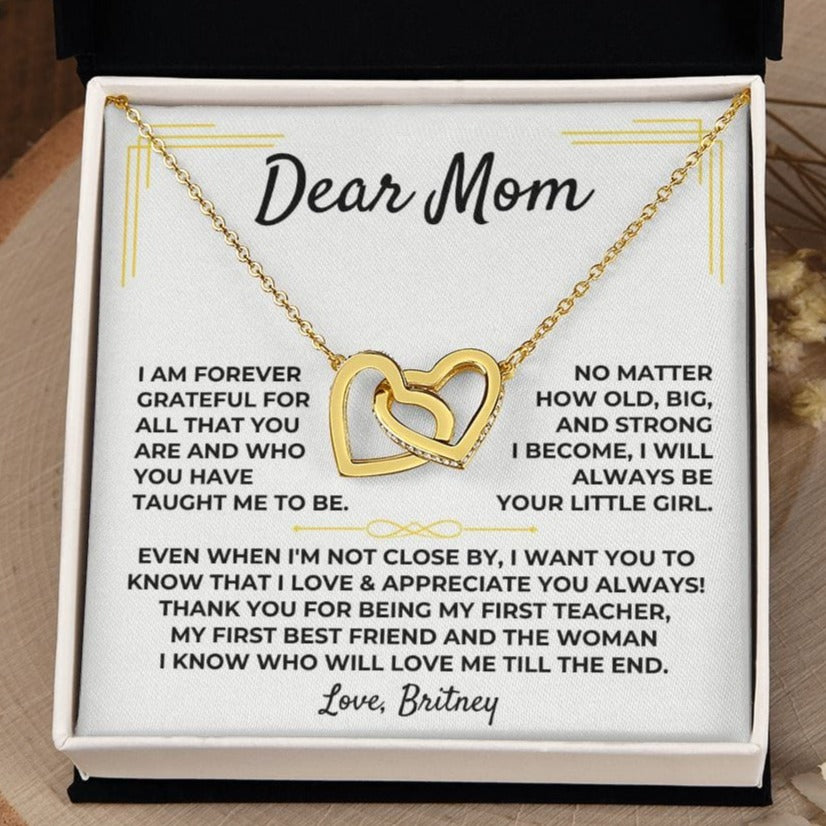 Interlocked hearts necklace from daughter to mom with keepsake message card