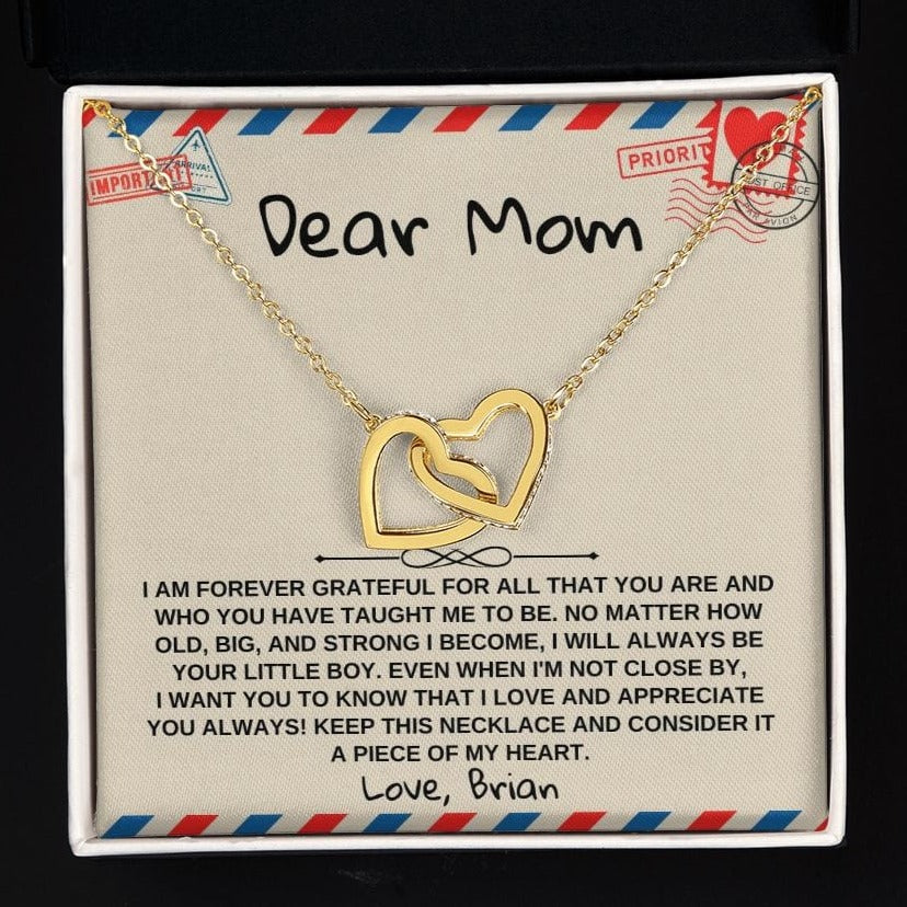 Interlocked hearts necklace from son to mom with keepsake message card