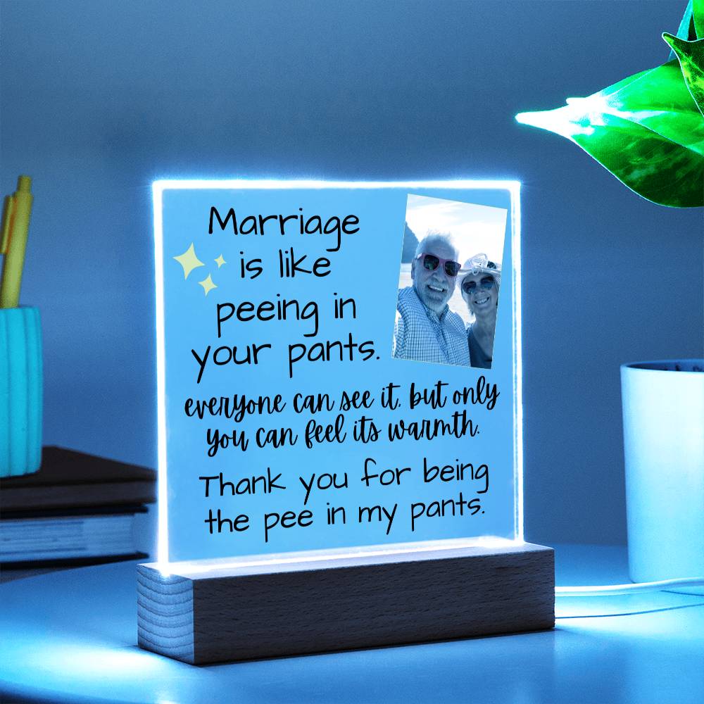 Marriage Is Like Peeing In Your Pants - Custom Acrylic w/ LED Light Wood Stand - AC36
