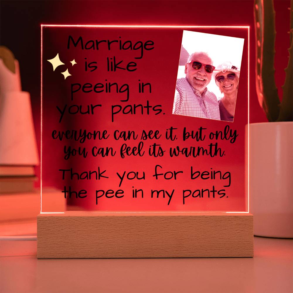 Marriage Is Like Peeing In Your Pants - Custom Acrylic w/ LED Light Wood Stand - AC36