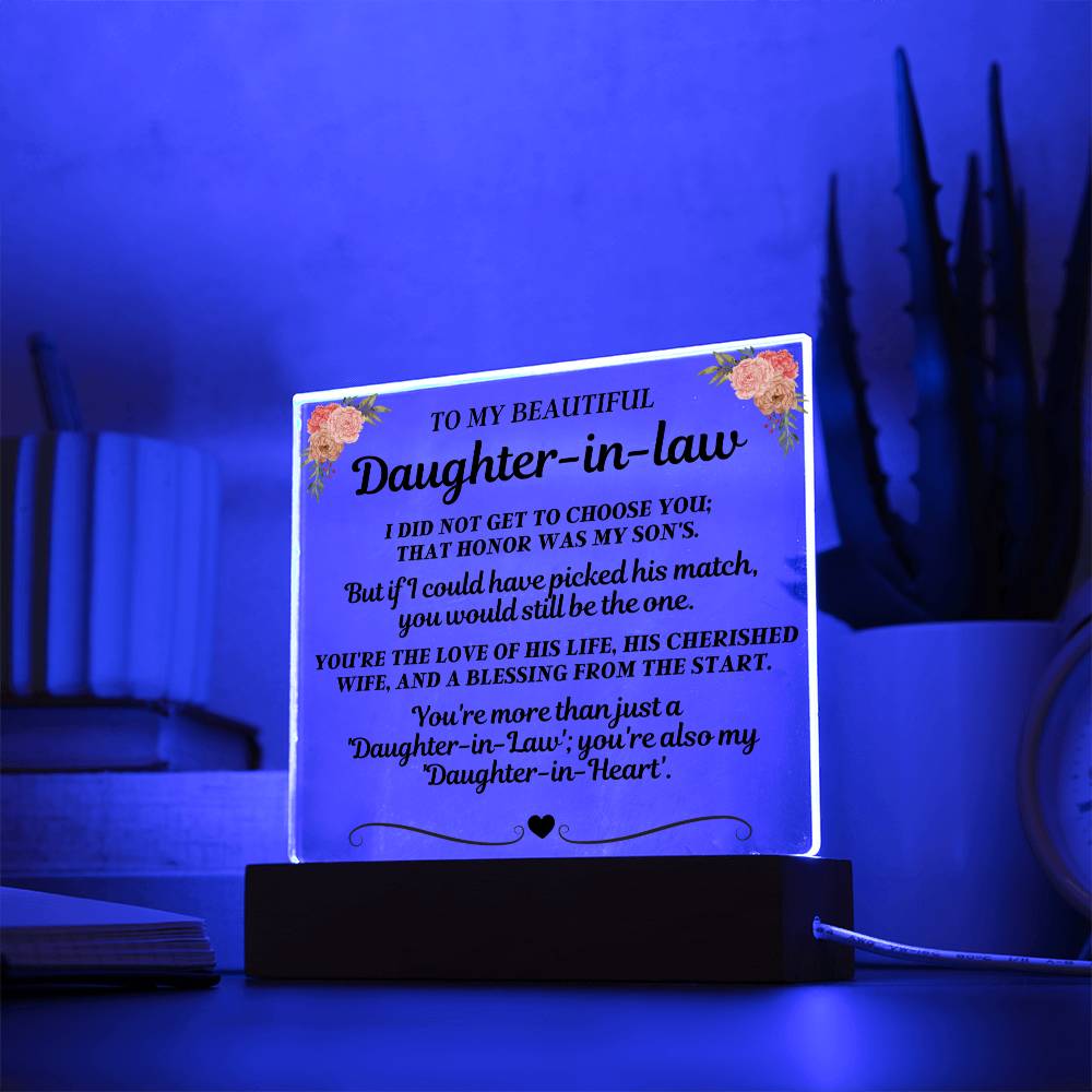Engraved message to a daughter-in-law on the acrylic panel