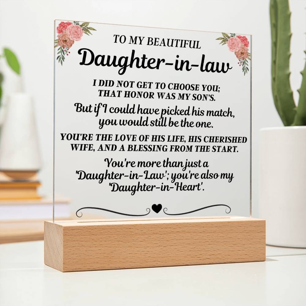 Daughter-in-law engraved acrylic keepsake LED lamp lit on its wooden base
