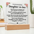 Daughter-in-law engraved acrylic keepsake LED lamp lit on its wooden base