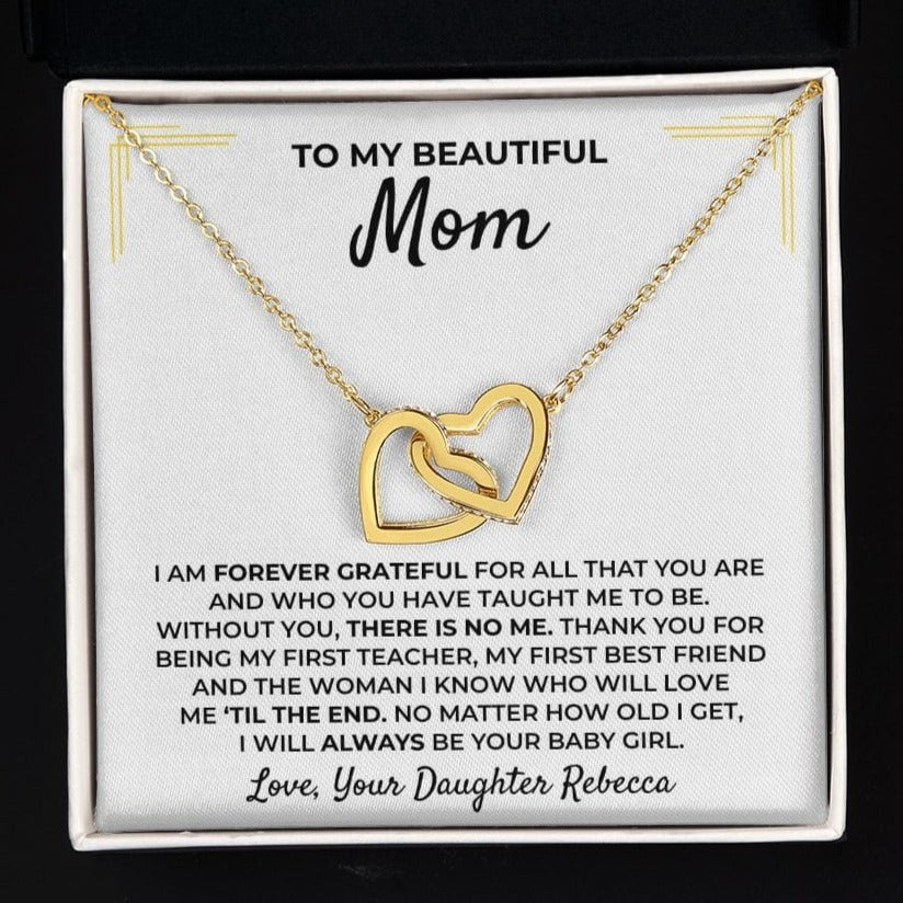 Joined hearts necklace from daughter to mom with keepsake message card
