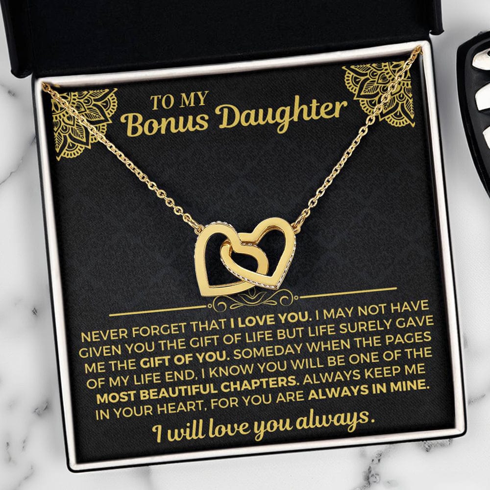 To My Bonus Daughter interlocked hearts necklace gift set with keepsake message card