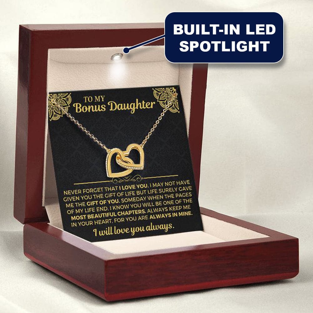 Bonus Daughter interlocked hearts necklace shown with gift box