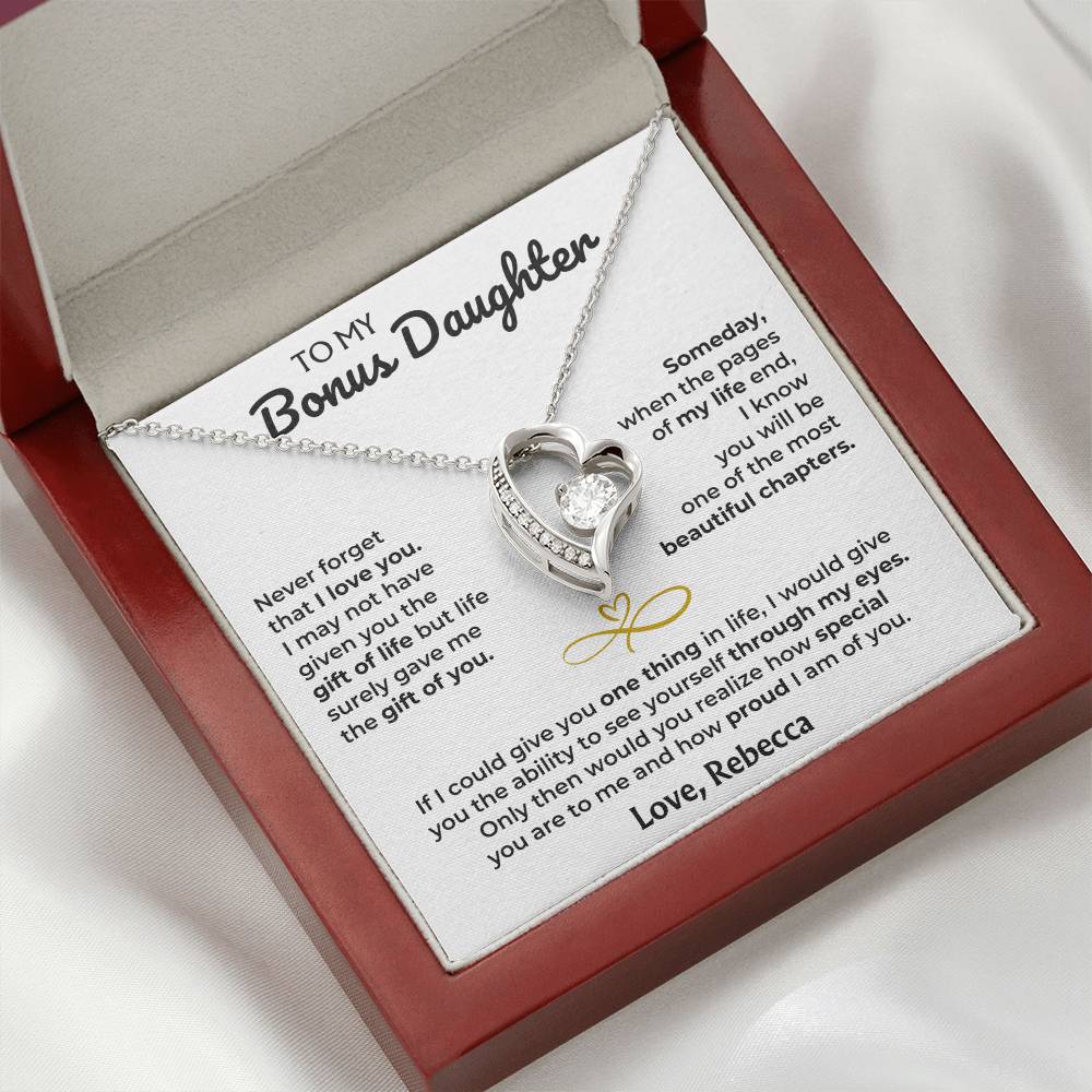 Bonus Daughter necklace in mahogany style luxury box with LED light