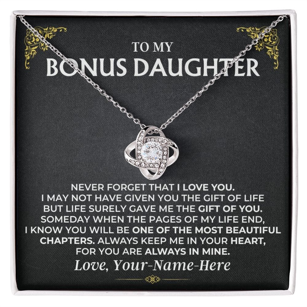 To My Bonus Daughter Love Knot necklace gift set with keepsake message card
