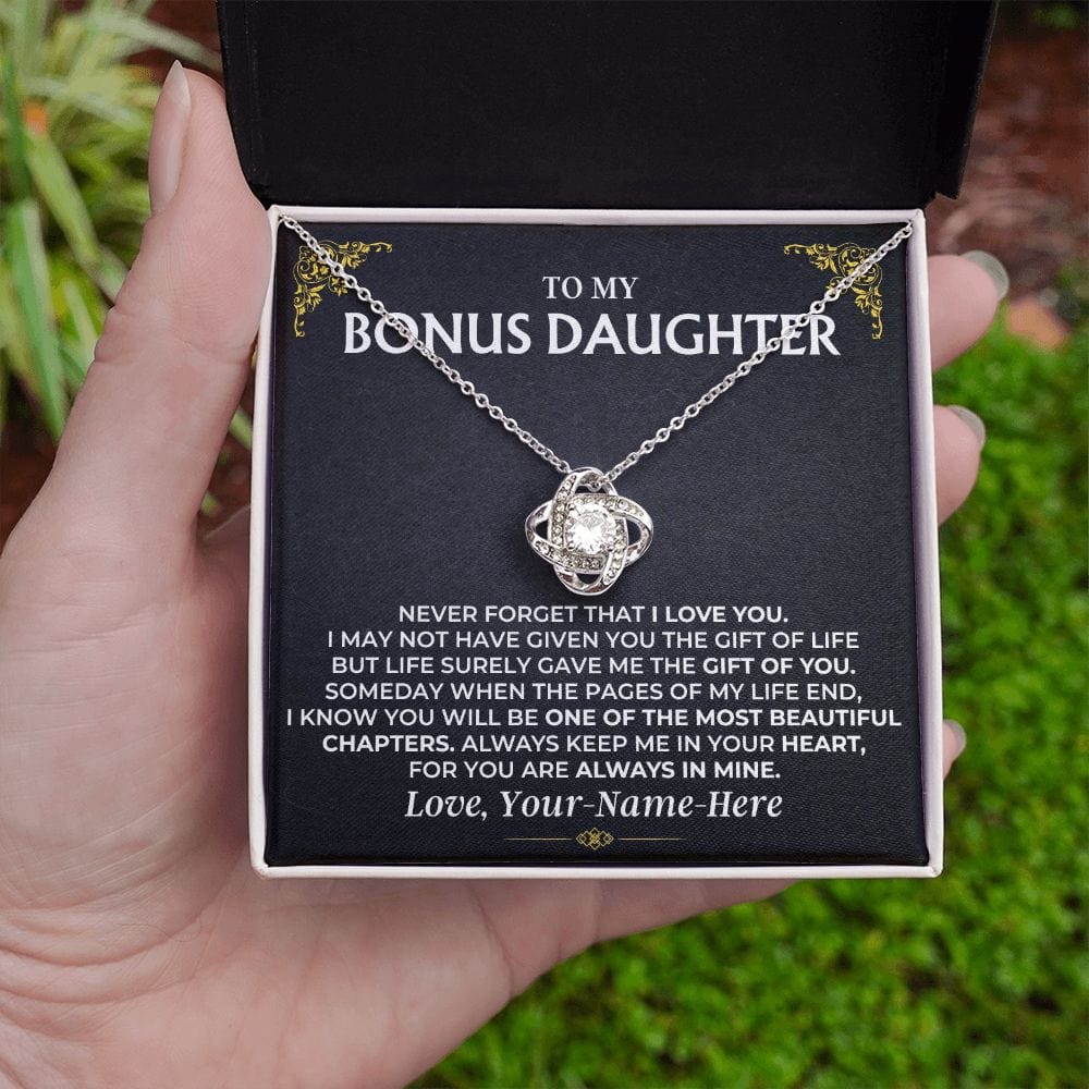 Bonus Daughter Love Knot necklace shown with gift box