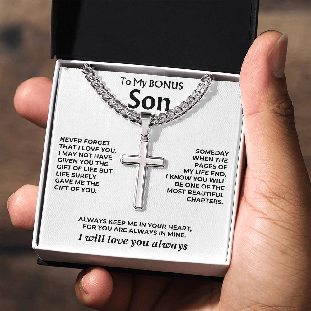 To My Bonus Son - Cuban Link - Artisan Cross - Gift Set - SS558S