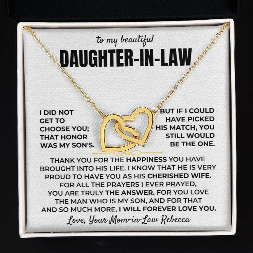 Daughter-in-law linked hearts necklace with keepsake message card