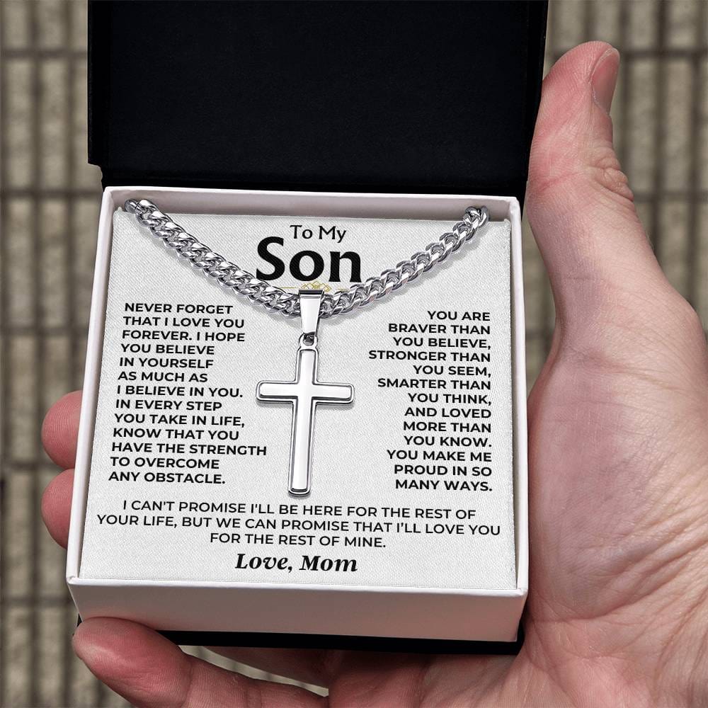 To My Son - Love Mom - Artisan Cross on Cuban Link - Gift Set - SS542SM