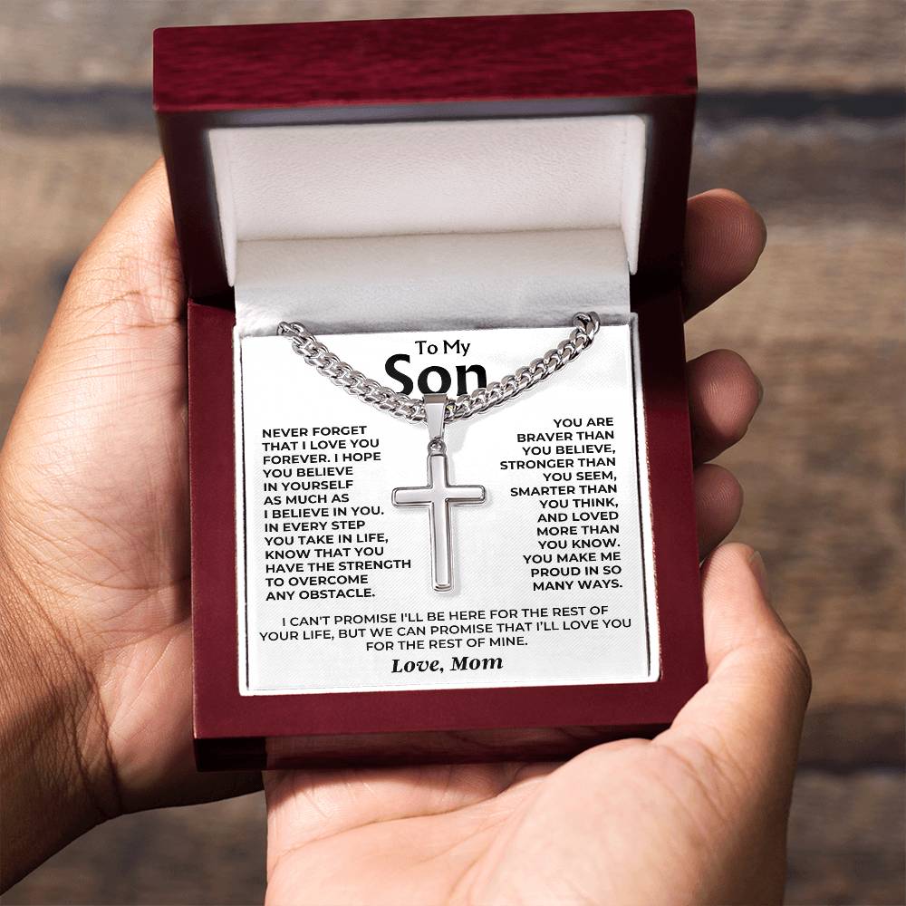 To My Son - Love Mom - Artisan Cross on Cuban Link - Gift Set - SS542SM