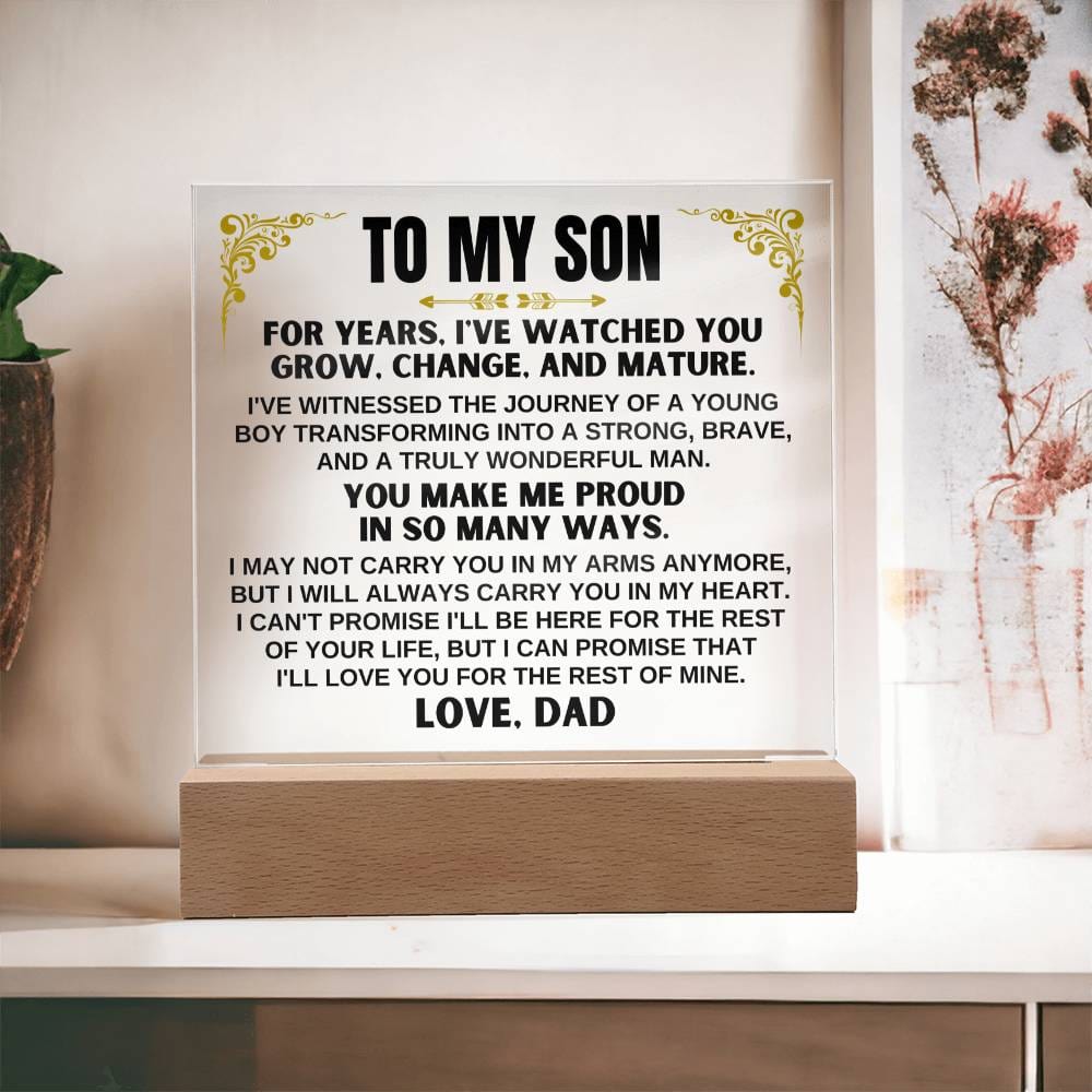 Unique Gift for Son from Dad - Acrylic Plaque with LED-Lit Wooden Base - AC35D