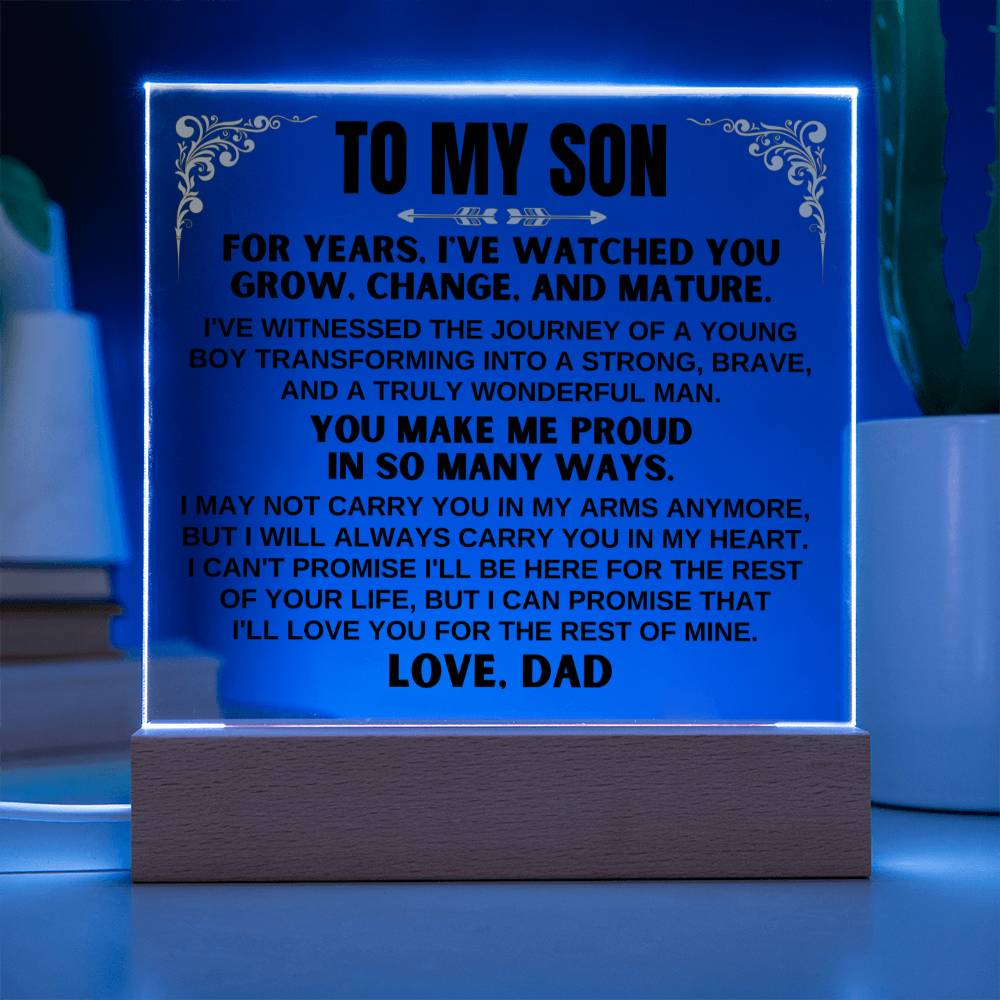 Unique Gift for Son from Dad - Acrylic Plaque with LED-Lit Wooden Base - AC35D