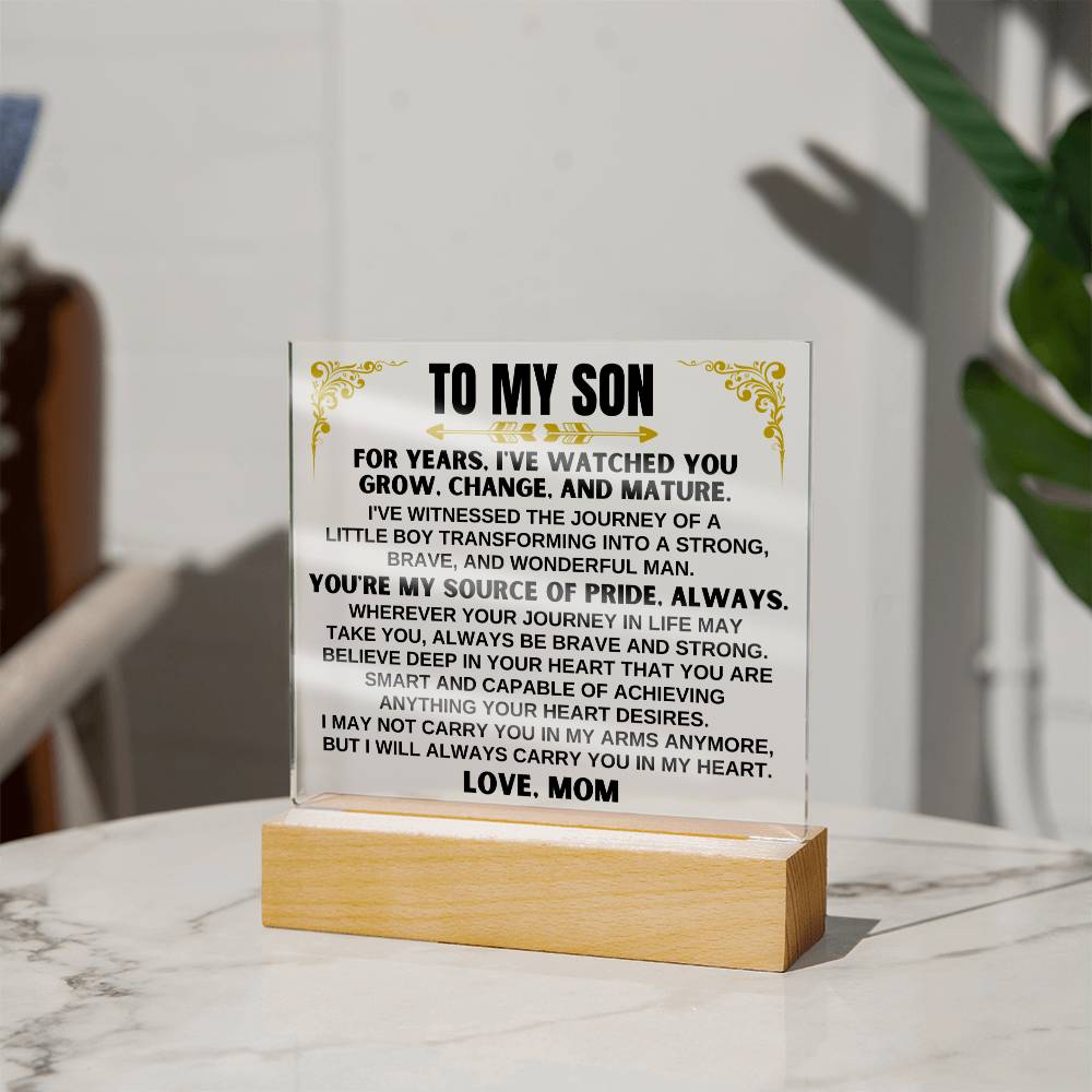 Unique Gift for Son from Mom - Acrylic Plaque with LED-Lit Wooden Base - AC32