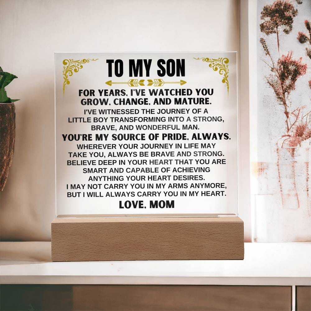 Unique Gift for Son from Mom - Acrylic Plaque with LED-Lit Wooden Base - AC32