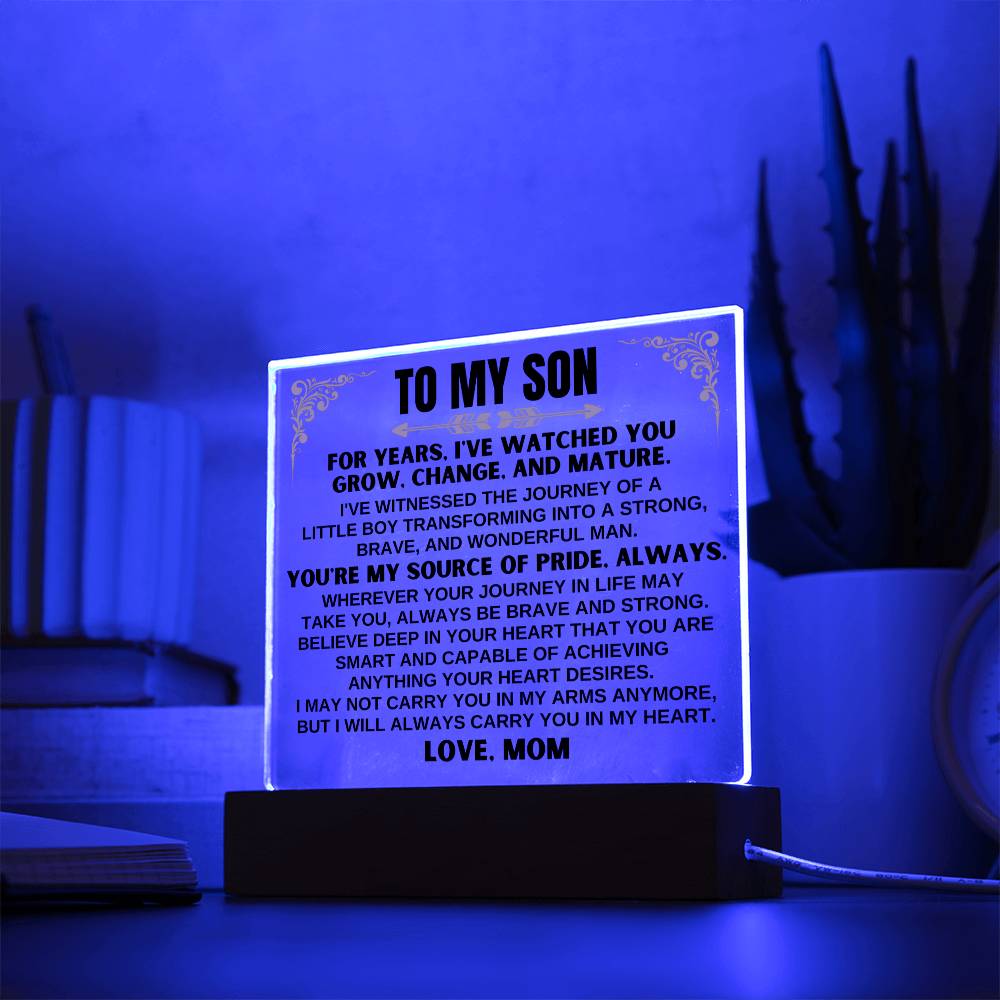 Unique Gift for Son from Mom - Acrylic Plaque with LED-Lit Wooden Base - AC32
