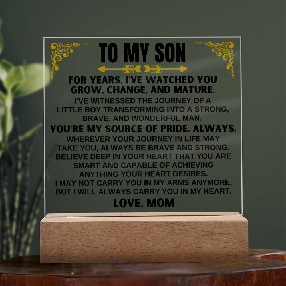 Unique Gift for Son from Mom - Acrylic Plaque with LED-Lit Wooden Base - AC32