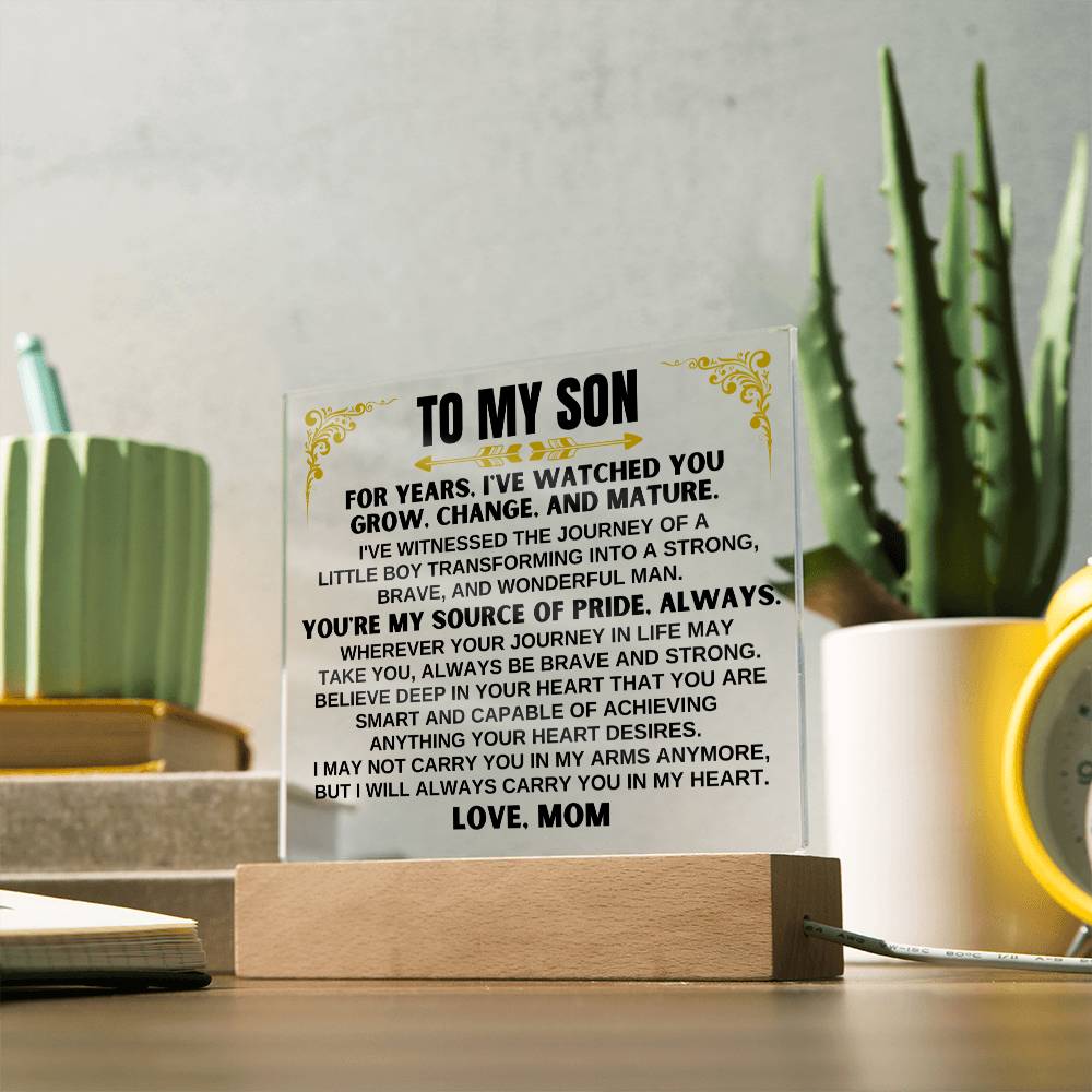 Unique Gift for Son from Mom - Acrylic Plaque with LED-Lit Wooden Base - AC32