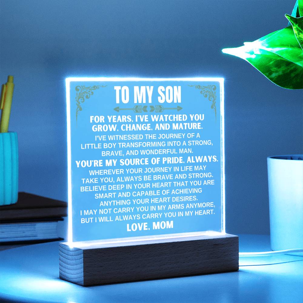 Unique Gift for Son from Mom - Acrylic Plaque with LED-Lit Wooden Base - AC32W