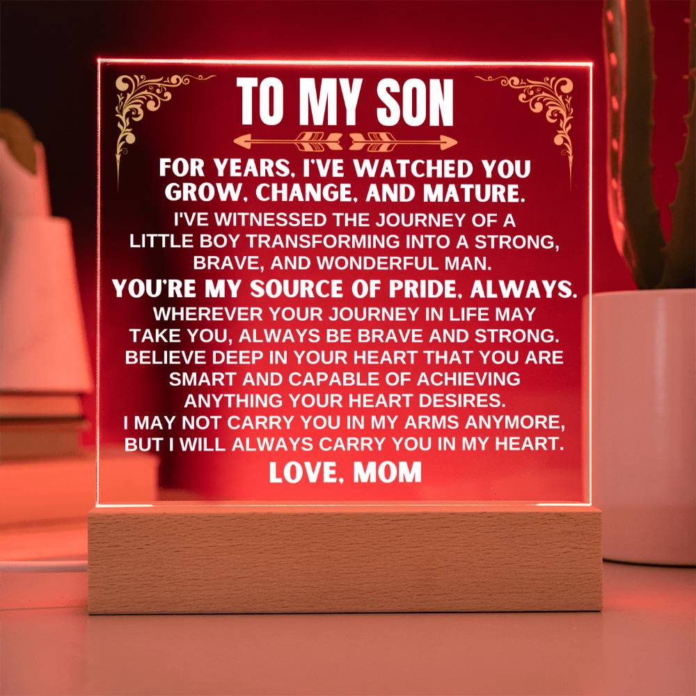 Unique Gift for Son from Mom - Acrylic Plaque with LED-Lit Wooden Base - AC32W