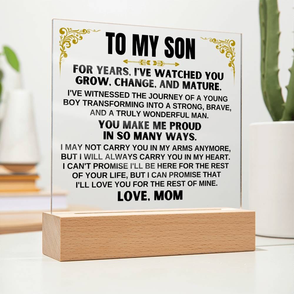 Unique Gift for Son from Mom - Acrylic Plaque with LED-Lit Wooden Base - AC35