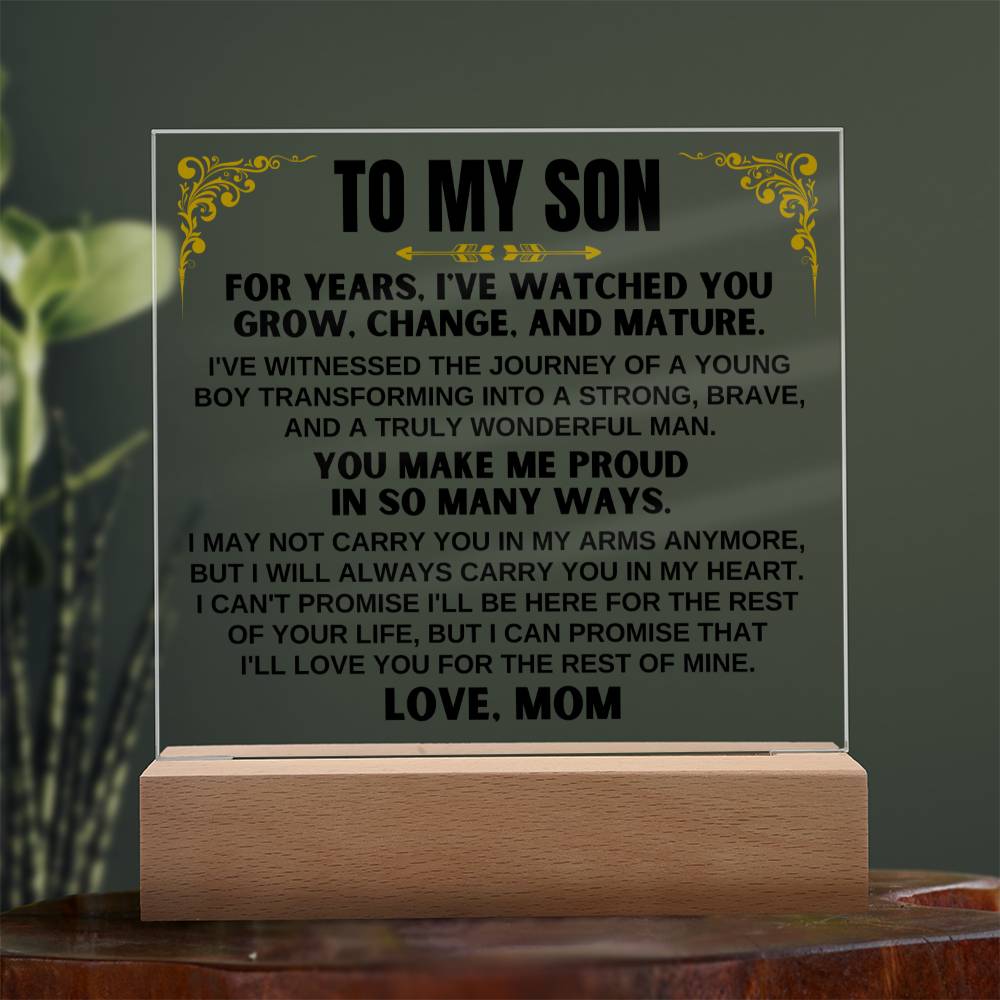 Unique Gift for Son from Mom - Acrylic Plaque with LED-Lit Wooden Base - AC35