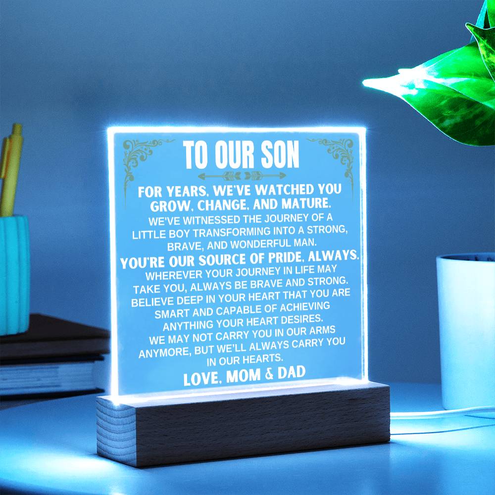 Unique Gift for Son from Mom & Dad - Acrylic Plaque with LED-Lit Wooden Base - AC32MD