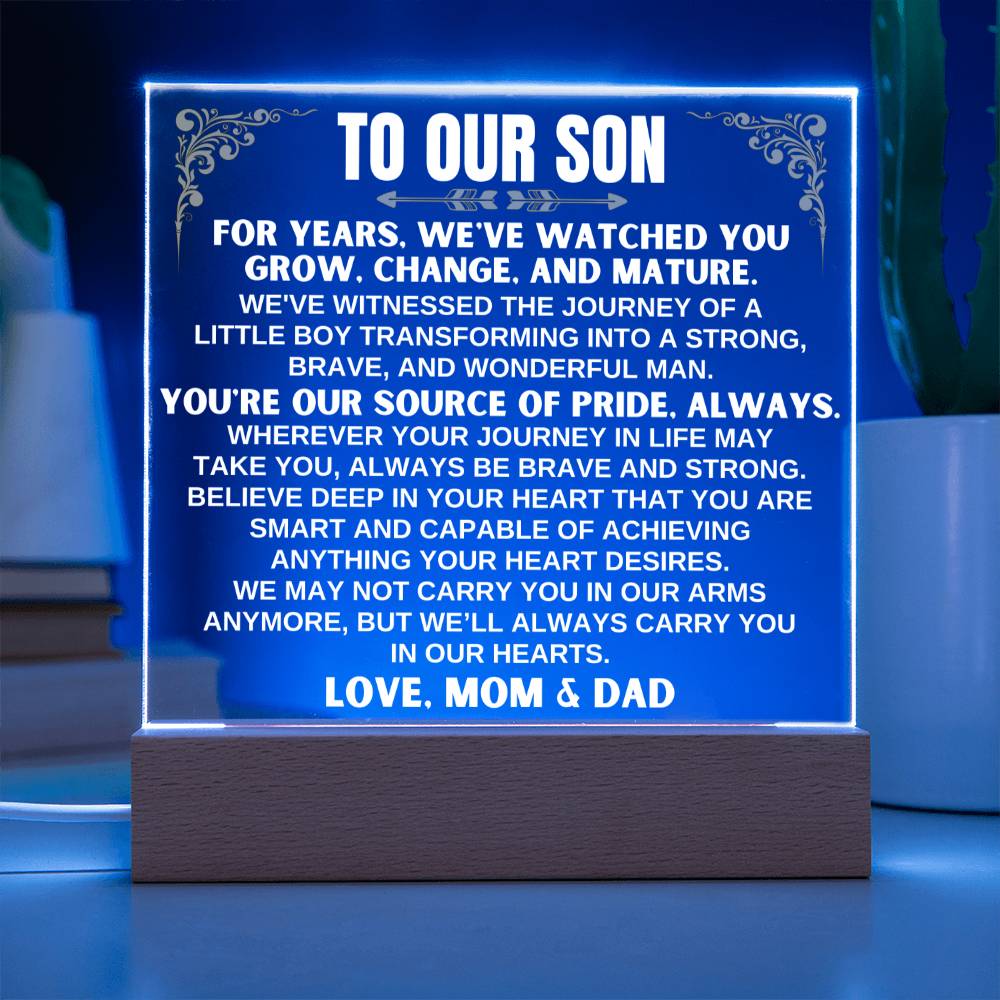 Unique Gift for Son from Mom & Dad - Acrylic Plaque with LED-Lit Wooden Base - AC32MD
