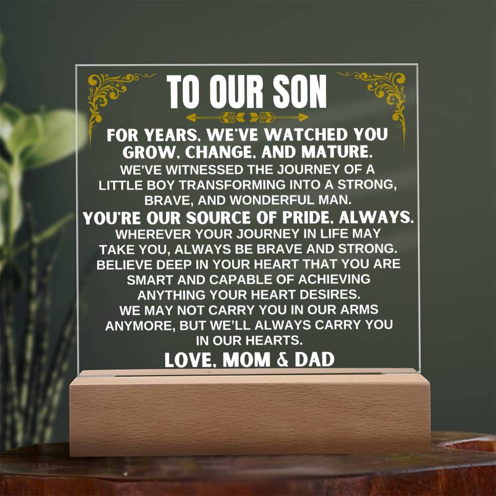 Unique Gift for Son from Mom & Dad - Acrylic Plaque with LED-Lit Wooden Base - AC32MD